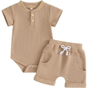 imageKuriozud Newborn Baby Boy Summer Clothes Button Short Sleeve Romper Bodysuit Shorts Set Toddler Soft Waffle OutfitWaffle Khaki