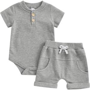 imageKuriozud Newborn Baby Boy Summer Clothes Button Short Sleeve Romper Bodysuit Shorts Set Toddler Soft Waffle OutfitWaffle Light Gray