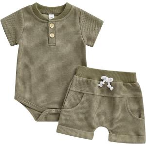 imageKuriozud Newborn Baby Boy Summer Clothes Button Short Sleeve Romper Bodysuit Shorts Set Toddler Soft Waffle OutfitWaffle Olive Green