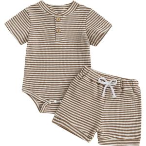 imageKuriozud Newborn Baby Boy Summer Clothes Button Short Sleeve Romper Bodysuit Shorts Set Toddler Soft Waffle OutfitWaffle Striped Khaki