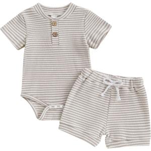 imageKuriozud Newborn Baby Boy Summer Clothes Button Short Sleeve Romper Bodysuit Shorts Set Toddler Soft Waffle OutfitWaffle Striped Light Grey