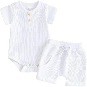 imageKuriozud Newborn Baby Boy Summer Clothes Button Short Sleeve Romper Bodysuit Shorts Set Toddler Soft Waffle OutfitWaffle White