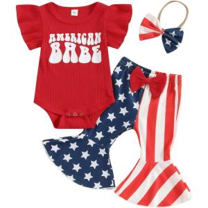imageKuriozud Newborn Baby Girl Bell Bottom Outfit Ruffle Romper Cute Bow Flare Pants Set Headband Cute ClothesAmerican Babe Red