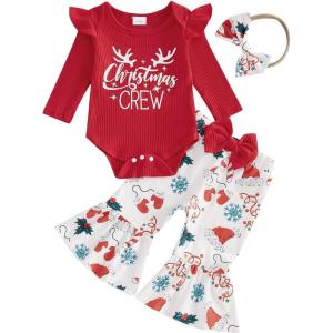 imageKuriozud Newborn Baby Girl Bell Bottom Outfit Ruffle Romper Cute Bow Flare Pants Set Headband Cute ClothesChristmas Crew Red