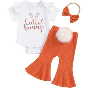 imageKuriozud Newborn Baby Girl Bell Bottom Outfit Ruffle Romper Cute Bow Flare Pants Set Headband Cute ClothesCutest Bunny