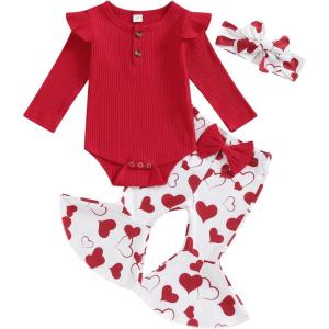 imageKuriozud Newborn Baby Girl Bell Bottom Outfit Ruffle Romper Cute Bow Flare Pants Set Headband Cute ClothesHeart Print Red
