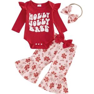 imageKuriozud Newborn Baby Girl Bell Bottom Outfit Ruffle Romper Cute Bow Flare Pants Set Headband Cute ClothesHolly Jolly Babe Red