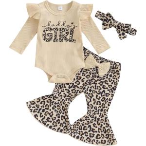 imageKuriozud Newborn Baby Girl Bell Bottom Outfit Ruffle Romper Cute Bow Flare Pants Set Headband Cute ClothesLeopard Daddys Girl