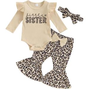 imageKuriozud Newborn Baby Girl Bell Bottom Outfit Ruffle Romper Cute Bow Flare Pants Set Headband Cute ClothesLeopard Little Sister