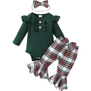 imageKuriozud Newborn Baby Girl Bell Bottom Outfit Ruffle Romper Cute Bow Flare Pants Set Headband Cute ClothesPlaid Green