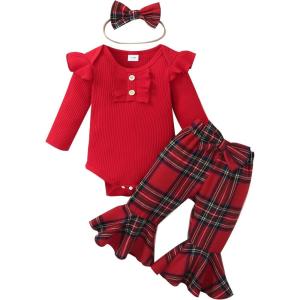 imageKuriozud Newborn Baby Girl Bell Bottom Outfit Ruffle Romper Cute Bow Flare Pants Set Headband Cute ClothesPlaid Red