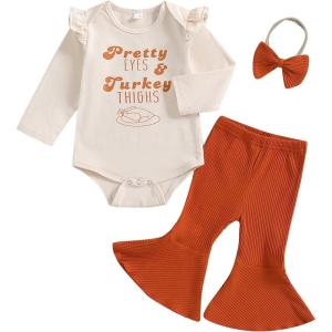 imageKuriozud Newborn Baby Girl Bell Bottom Outfit Ruffle Romper Cute Bow Flare Pants Set Headband Cute ClothesPretty Eyes  Turkey Thighs