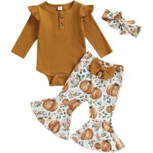 imageKuriozud Newborn Baby Girl Bell Bottom Outfit Ruffle Romper Cute Bow Flare Pants Set Headband Cute ClothesPumpkin Mustard Yellow