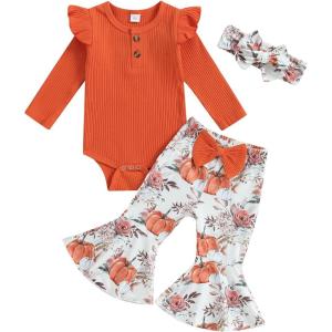 imageKuriozud Newborn Baby Girl Bell Bottom Outfit Ruffle Romper Cute Bow Flare Pants Set Headband Cute ClothesPumpkin Orange