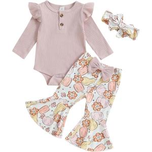 imageKuriozud Newborn Baby Girl Bell Bottom Outfit Ruffle Romper Cute Bow Flare Pants Set Headband Cute ClothesPumpkin Pink