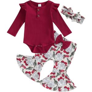 imageKuriozud Newborn Baby Girl Bell Bottom Outfit Ruffle Romper Cute Bow Flare Pants Set Headband Cute ClothesSanta Wine Red