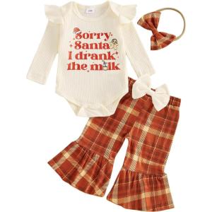 imageKuriozud Newborn Baby Girl Bell Bottom Outfit Ruffle Romper Cute Bow Flare Pants Set Headband Cute ClothesSorry Santa I Drank the Milk