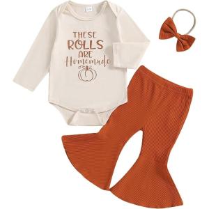imageKuriozud Newborn Baby Girl Bell Bottom Outfit Ruffle Romper Cute Bow Flare Pants Set Headband Cute ClothesThese Rolls Are Home Made
