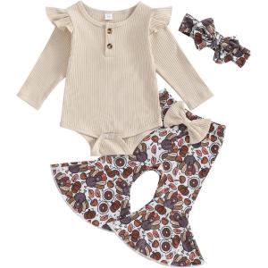 imageKuriozud Newborn Baby Girl Bell Bottom Outfit Ruffle Romper Cute Bow Flare Pants Set Headband Cute ClothesTurkey Beige