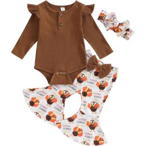 imageKuriozud Newborn Baby Girl Bell Bottom Outfit Ruffle Romper Cute Bow Flare Pants Set Headband Cute ClothesTurkey Brown