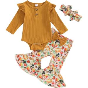 imageKuriozud Newborn Baby Girl Bell Bottom Outfit Ruffle Romper Cute Bow Flare Pants Set Headband Cute ClothesTurkey Mustard Yellow