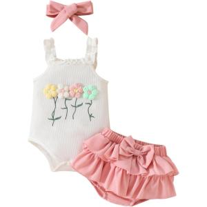 imageKuriozud Newborn Infant Baby Girl 2 Piece Summer Outfits Tank Romper Top  Ruffle Bloomer Shorts Set Clothes3d Flower Pink
