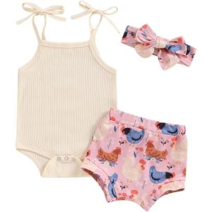 imageKuriozud Newborn Infant Baby Girl 2 Piece Summer Outfits Tank Romper Top  Ruffle Bloomer Shorts Set ClothesChicken Beige