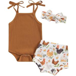 imageKuriozud Newborn Infant Baby Girl 2 Piece Summer Outfits Tank Romper Top  Ruffle Bloomer Shorts Set ClothesChicken Brown