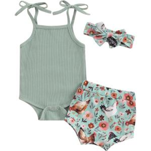 imageKuriozud Newborn Infant Baby Girl 2 Piece Summer Outfits Tank Romper Top  Ruffle Bloomer Shorts Set ClothesChicken Green