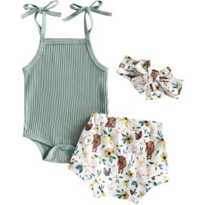 imageKuriozud Newborn Infant Baby Girl 2 Piece Summer Outfits Tank Romper Top  Ruffle Bloomer Shorts Set ClothesCow Green
