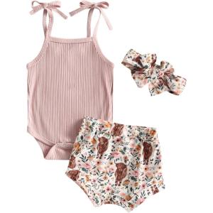 imageKuriozud Newborn Infant Baby Girl 2 Piece Summer Outfits Tank Romper Top  Ruffle Bloomer Shorts Set ClothesCow Pink