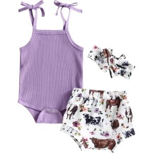 imageKuriozud Newborn Infant Baby Girl 2 Piece Summer Outfits Tank Romper Top  Ruffle Bloomer Shorts Set ClothesCow Purple