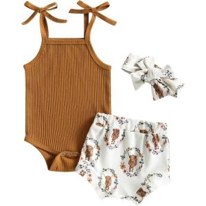imageKuriozud Newborn Infant Baby Girl 2 Piece Summer Outfits Tank Romper Top  Ruffle Bloomer Shorts Set ClothesCow Yellow