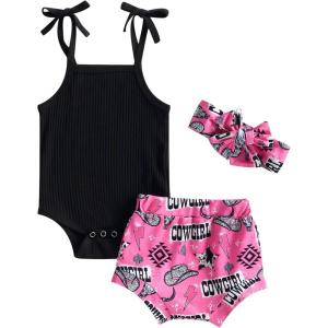 imageKuriozud Newborn Infant Baby Girl 2 Piece Summer Outfits Tank Romper Top  Ruffle Bloomer Shorts Set ClothesCowgirl Black