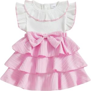 imageKuriozud Toddler Baby Girl Ruffle Dress Sleeveless Layered Princess Dresses Beach Sundress Little Girl Spring Summer ClothesPatchwork Pink