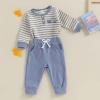 imageKuriozud Newborn Baby Boy Clothes Button Long Sleeve Romper Bodysuit Pants Set Infant Soft Waffle Fall Winter OutfitStriped Blue