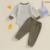 imageKuriozud Newborn Baby Boy Clothes Button Long Sleeve Romper Bodysuit Pants Set Infant Soft Waffle Fall Winter OutfitStriped Olive Green