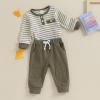 imageKuriozud Newborn Baby Boy Clothes Button Long Sleeve Romper Bodysuit Pants Set Infant Soft Waffle Fall Winter OutfitStriped Olive Green