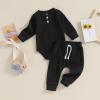 imageKuriozud Newborn Baby Boy Clothes Button Long Sleeve Romper Bodysuit Pants Set Infant Soft Waffle Fall Winter OutfitWaffle Black