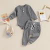 imageKuriozud Newborn Baby Boy Clothes Button Long Sleeve Romper Bodysuit Pants Set Infant Soft Waffle Fall Winter OutfitWaffle Gray