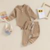 imageKuriozud Newborn Baby Boy Clothes Button Long Sleeve Romper Bodysuit Pants Set Infant Soft Waffle Fall Winter OutfitWaffle Khaki
