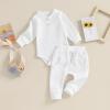 imageKuriozud Newborn Baby Boy Clothes Button Long Sleeve Romper Bodysuit Pants Set Infant Soft Waffle Fall Winter OutfitWaffle White