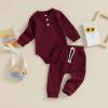 imageKuriozud Newborn Baby Boy Clothes Button Long Sleeve Romper Bodysuit Pants Set Infant Soft Waffle Fall Winter OutfitWaffle Wine Red