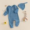 imageKuriozud Newborn Infant Unisex Baby Boy Girl Clothes Button Romper Jumpsuit Basic One Piece OutfitsLong Sleeve With Hat Blue