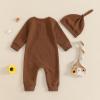 imageKuriozud Newborn Infant Unisex Baby Boy Girl Clothes Button Romper Jumpsuit Basic One Piece OutfitsLong Sleeve With Hat Brown