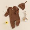 imageKuriozud Newborn Infant Unisex Baby Boy Girl Clothes Button Romper Jumpsuit Basic One Piece OutfitsLong Sleeve With Hat Brown