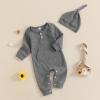 imageKuriozud Newborn Infant Unisex Baby Boy Girl Clothes Button Romper Jumpsuit Basic One Piece OutfitsLong Sleeve With Hat Grey