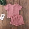 imageToddler Baby Boy Girl Cotton Linen Clothes Solid Color Short Sleeve TShirt  Drawstring Shorts 2 Piece Outfit SetPink