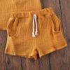 imageToddler Baby Boy Girl Cotton Linen Clothes Solid Color Short Sleeve TShirt  Drawstring Shorts 2 Piece Outfit SetYellow
