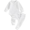 imageKuriozud Newborn Baby Boy Clothes Button Long Sleeve Romper Bodysuit Pants Set Infant Soft Waffle Fall Winter OutfitWaffle White